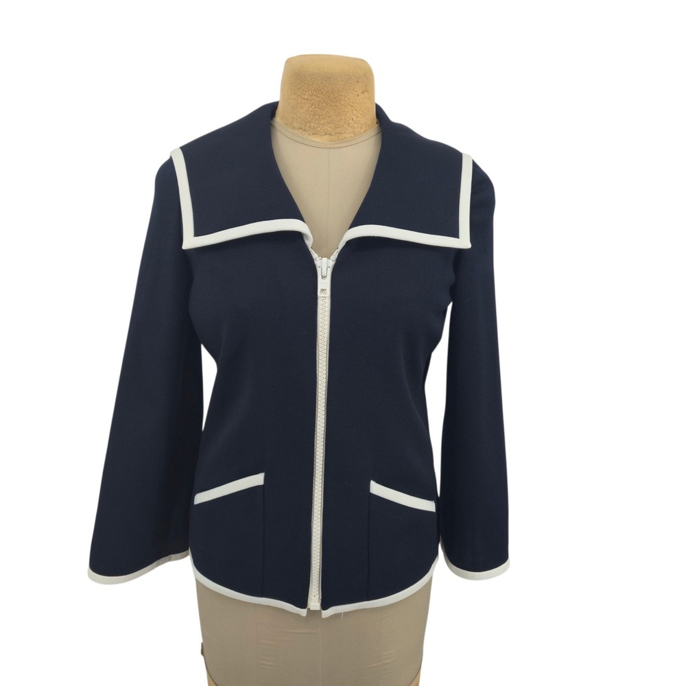Act III Jacket L Navy Blue Vintage Sailor Collar Zip Up Knit Nautical ILGWU 70s